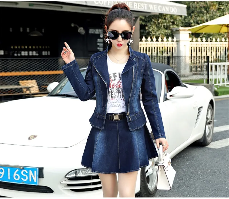 2 piece denim hot sale jacket and skirt