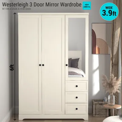 Synergy House Westerleigh 3 Door Mirror Wardrobe 6ft Height Almari Baju | Almari Pakaian 3.9ft Wide