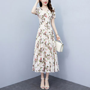Impression Fashion Women Elegant Chiffon Floral V-neck Short Sleeve Tunic High Waist A-line Long Plus Size Dress