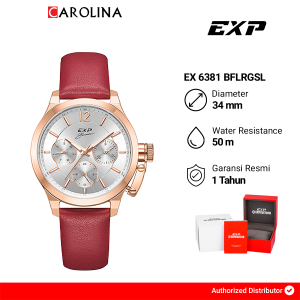 Jam Tangan Wanita Expedition Multifunction EX 6381 BFLRGSL Rose Gold Bezel Silver Dial Red Leather Strap