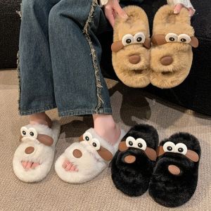 CIEGGG Cartoon Plush Dog Slippers Anti Slip Open-toe Slippers Women Soft Thick Fur Flat Slippers Winter