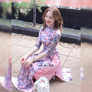 Áo dài hoa nhí cách tân nữ 4 tà truyền thống công sở may sẵn voan lụa màu hồng tím cao cấp - Áo dài Việt áo dài nữ đẹp