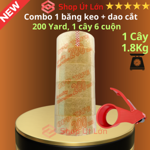 Combo 1 cây băng keo trong đục 200yard kèm dao cắt 1 cây 1.8kg lõi giấy 5mm chiều rộng 47cm mỗi cây gồm có 6 cuộn