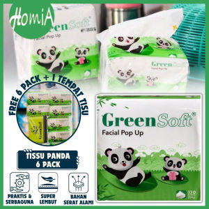 Tisu Greensoft Panda 6 Pack FREE Tempat Tissu 130 Sheets 2Ply / Lap Pembersih Noda Kotor Tangan Serbaguna / Kertas Tissue Selampai Wajah + Kotak Tisue Meja Makan / 1 Set Paket 6Pcs Isi 130 Lembar Green Soft Size Kecil Pop Up Super Halus & Lembut - HOMIA