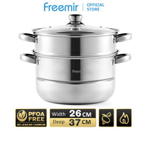 freemir Panci Kukus/Rebus 2 susun 26 cm Dandang Kukusan Tutup Kaca Stainless Steel - Steamer Pot Panci Kukus Serbaguna Panci Susun Panci Tutup Kaca