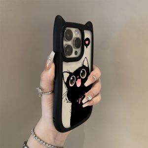 For iPhone 16 Pro Max Cute Cartoon Love Heart Black Cat Case For iPhone 16 15 14 Pro Max 13 Plus 12 11 Cat Ear Transparent Cover