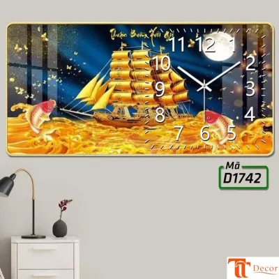 Tranh Đồng Hồ Tráng Gương Thuận Buồm Xuôi Gió Thuyền Vàng Nai Vàng TT Decor- DH32- In UV Cao Cấp