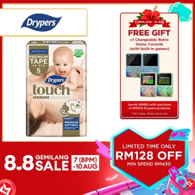 Drypers Touch Baby Tape Diapers NB80/ S44/ M40/ L34 (1 Pack) - Super Soft & 12hr Dryness