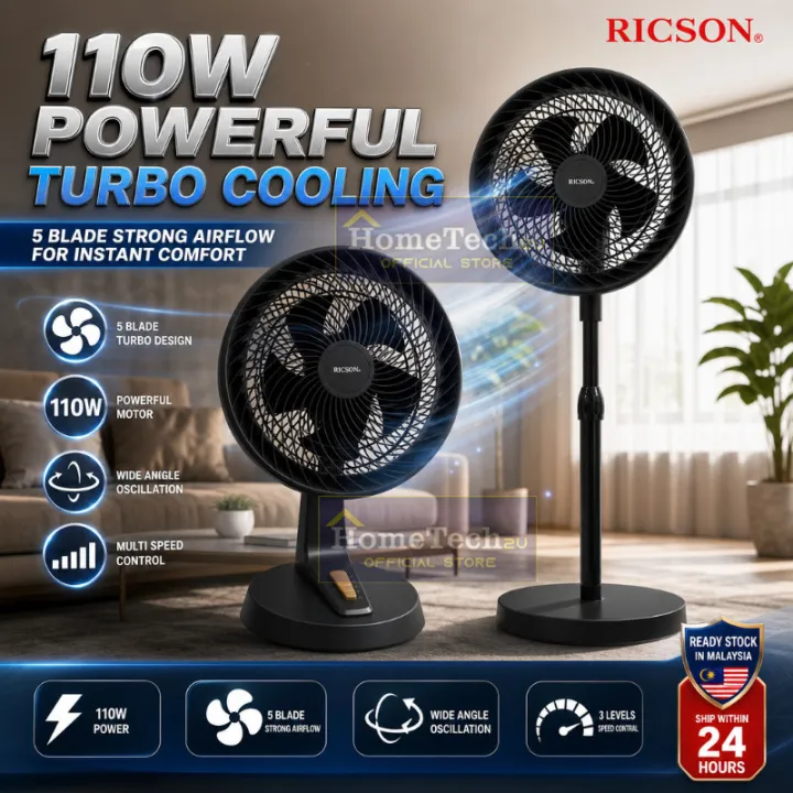 RICSON 12 Inch Turbo Fan 110W 5 Blade Powerful Airflow Wide Angle Oscillation Table Fan Stand Fan Cooling