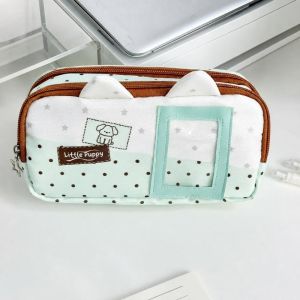 MIRELAE Polka Dot Puppy Print Pencil Case Double Layer with Photo Window Pencil Pouch Multi-functional Portable Stationery Organizer Gift