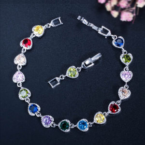 SEQUITO Stunning Silver Color Party Bangle Jewelry Hand Inlaid Multicolor Heart Shaped AAA CZ Zirconia Crystal Charm Chain Bracelet for Women Best Friends Gift B214