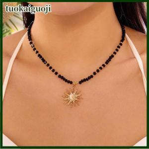 tuokaiguoji สร้อยคอจี้รูปดวงอาทิตย์สีทองแบบย้อนยุคสำหรับผู้หญิงสร้อยคอลูกปัดแบบโซ่ประดับด้วยลูกปัดหรูหราสร้อยคอสำหรับงานเลี้ยงของขวัญเครื่องประดับวินเทจ