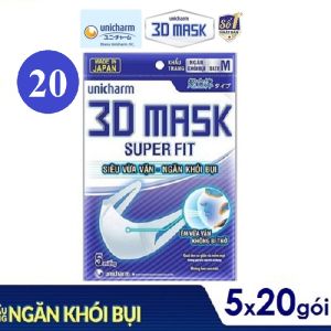 Combo 20 gói Khẩu trang Unicharm 3D Mask Super Fit ngăn khói bụi (5 cái/gói)