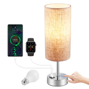 ⭐️【มีในสต๊อก+คลังสินค้าท้องถิ่น】⭐Bedside Lamps Table Lamp For Bedroom Lamp With USB C+A Charging Ports Small Bedside Lamp With 3-Color Modes With Pull Chain Bedroom Lamp With White Fabric Shade(LED Bulb Included)