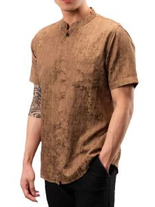 Timofey Baju Kemeja Koko Muslim Pria Lengan Pendek Slim Fit Premium Cokelat Bronze