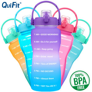 QuiFit 2L 64OZ Motivational Water Bottle with Width Mouth Flid-Flod Lid and Time Marker BPA Free Large Kettle LeakProof Durable Bottles for Fitness Outdoor Enthusiasts (Without Straw)