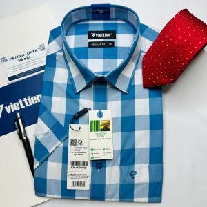 Áo sơ mi cộc tay Việt Tiến kẻ ô 1S6709 - Regularfit vạt ngang