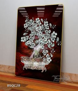 Tranh trang trí Tết - Tranh Tết Mai Đào treo tường - Tranh tráng gương treo tường Bonsai Mai Đào Tết 1