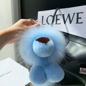 Luxury Real Rex Rabbit Fur Lion Pendant Keychain Women Cute Plush Doll Toy Kids Trinkets Bag Car Keyring Ornament Birthday Gift
