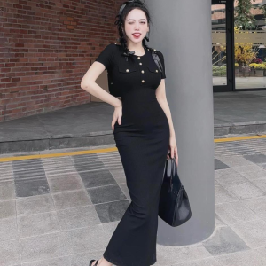 Đầm nữ dáng dài đuôi cá xẻ tà sau thời trang thanh lịch d115 váy body tay ngắn cổ tròn chất dày dặn co dãn đi chơi đi tiệc MINMIN