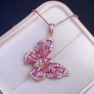 S925 Sterling Silver Natural Pink Sapphire Pendant3*5mm GemstoneWith Silver Chain Jewelry Gift for Women