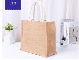 Retro Natural Burlap Solid Color Tote Bag with Soft Cotton Handles Reusable Shopping Jute HandBag