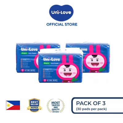 Uni-love Airpro Baby Diaper 30s Medium x3 - Hypoallergenic | Super Absorbent | Ultrasoft | Neutralizes PH Level | Double Leakguard | Taped type | Breathable
