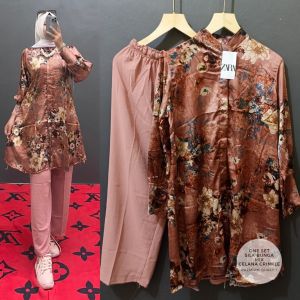 ONE SET ZARA SILK BUNGA MIX CRINKLE/ATASAN MUSLIMAH TERBARU/BUSANA MUSLIMAH TERBARU
