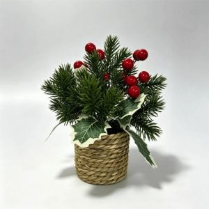 Sacesr Woven Basket Artificial Christmas Plant Red Berry Artificial Berries Stem Faux Holly Pine Cone Ornament Potted 4P6B8