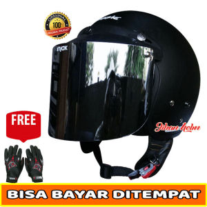 Helm Retro Bogo Full Leher JM Classic Black Doff Kaca Flat Datar Terbaru