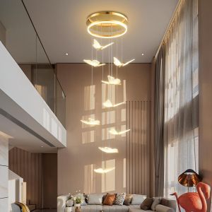 Lampu Gantung Tangga 9 Kepala Emas Lampu Hias Minimalis Modern 3.5meter LED 3 Warna Chandelier Lampu Gantung Kreatif Kupu-kupu Ruang Tamu Dupleks Kamar Tidur Tangga Vila Hotel ala