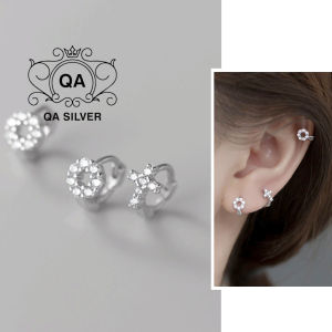 Khuyên tai bạc 925 mặt tròn đính đá bông nữ hoop kẹp vành S925 ?HOOP QA SILVER Earrings EA210202