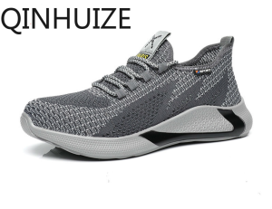 QINHUIZE Work safety shoes mens summer flying woven steel toe cap breathable deodorant work boots
