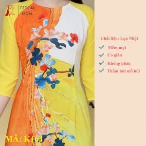 Áo dài lụa nhật K164 nền vàng trắng hoa đỏ cổ tròn tay lỡ may sẵn đồng phục hội họp đám cưới Ảnh thật tự chụp sẵn hàng
