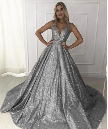 Gaun Wedding Dress Gorgeous Rose Gold Sequined Prom Dresses V Neck