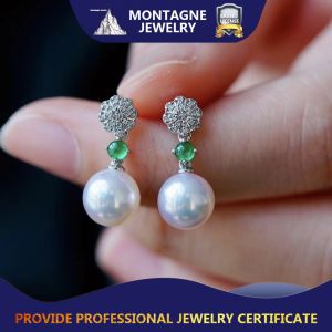 Montagne Jewelry 18k Pure White Gold Earrings Emerald Inset Fine Jewellery Natural Top Grade 7.5-8mm Akoya Pearl Earrings Stud Earring