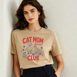 [Local Stock] HBESTY  Cat Mom Social Club Two Cats Yarn Ball Vintage Line Women Cotton T Shirt Feline Lover Retro Graphic Daily Commute Holiday Tee