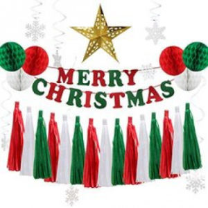 ชุดตกแต่งคริสต์มาส ประกอบด้วยลูกบอลรังผึ้งกระดาษ พู่กระดาษ พวงมาลัย ดาวหมุน ชุดสุขสันต์วันคริสต์มาสสำหรับตกแต่งงานปาร์ตี้คริสต์มาส