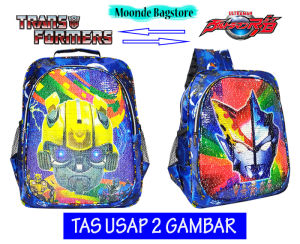 Tas ransel usap 2 gambar karakter spiderman Ultraman Ironman Tobot captain America Transformers Bumblebee / Tas Ransel Sequin Anak sekolah SD karakter spiderman Ultraman
