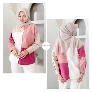 NARESA SHIRT - FLOTTILICIOUS / Kemeja Wanita Kombinasi Two-Tone Kekinian Fashion Outfit Korean Style