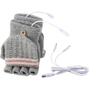Winter Half Finger Thermal Mittens with USB Heating Jacquard Pattern Convertible Fingerless Gloves Hand Warmers