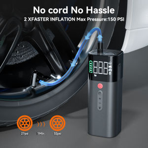 Portable tire inflators and air compressors. 4-in-1 multi-functional intelligent air pump wireless rechargeable air pump with LED light and tire pressure monitoring. Cars motorcycles bicycles