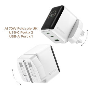 Mazer Charger PrestigeGaN Ai 70W / 120W / 140W Wall Charger Smart Display 3-Port USB-C USB-A Foldable UK Plug