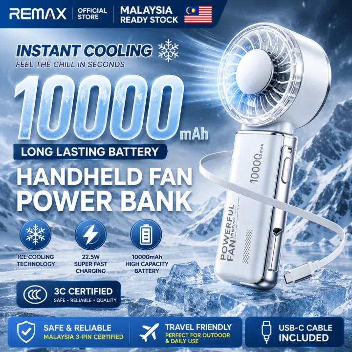3C CertifiedREMAX Kipas Mini Ice Cooling Turbo Fan 10000mAh Handheld Fan&Powerbank Fast Charging Bateri Tahan Lama