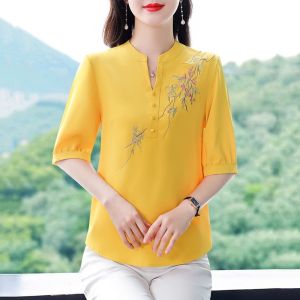 LUCKIN STORE Cotton Linen Tops for women Top for women Linen Embroidery Top Womens Short Sleeve Ethnic Blouse Cotton Linen Shirt 2025 Summer New Plus Size T-Shirt Blouse Women 新年衣服2025 Hanfu women chinese 红色上衣女 cny top