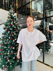 ✅รุ่นใหม่เสื้อยืดแขนสั้นoversized ดีเทลแต่งโบว์ปักเพชรสวยมาก🎀 ผ้านิ่มสุด ยืดเยอะยาวพรางหุ่นมากค่าา E68 - Tinysherbet