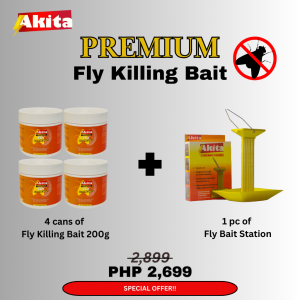 Akita Fly Killing Bait x 4 CANS with + FREE 1 Fly STATION   Effective Fly Killer For Fly Control in Poultry & Other Farms
