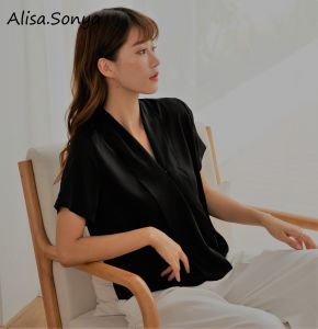 Alisa Sonya Acetic Acid Feeling Women Satin White Korean Fashion Shirts Short Sleeve V Neck Collar Blouse for Women