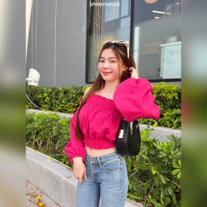 🌈SpinnyHouse🌈สม็อคปาดไหล่แขนยาว ครอปแขนยาว ทรงลูกคุณมากค่า ผ้าลายเส้นน่ารัก รับซัมเมอร์ เสื้อไปทะเล รุ่น เส้นคู่แขนยาว