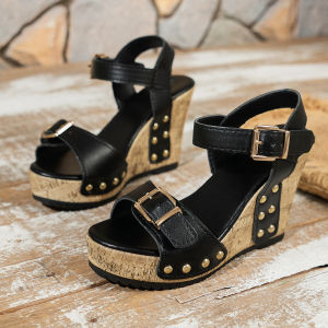 Free Shipping WomenS Summer New Fashion Rivet-Studded One-Strap Fish-Mouth Roman Sandals With Thick Soles And Wedge Heels